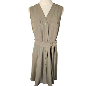 DKNY Womens Olive Green Utility Shirt Dress Sleeveless Belted V-Neck Size 12